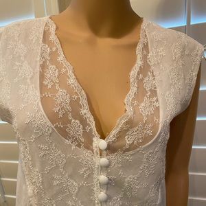 ARDEN-B - White Sheer Lace Front Top w/ Buttons & Tie Sleeves - MED